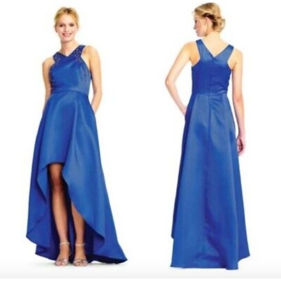 NWT Adrianna Papell High Low Beaded Mikado Gown Sz 10 Yves Blue V-Neck Halter - Picture 1 of 5